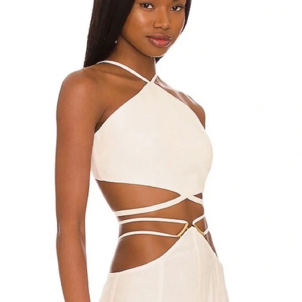 Cult Gaia Drew Linen Strappy Halter Criss Cross Blouse Crop Tie Top Off White